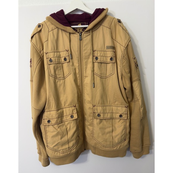 COOGI Other - Coogi Hooded Utility Jacket Mens XL Tan Burgundy  Cargo Zip Streetwear Hip Hop